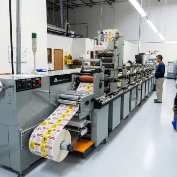 Industrial pressure sensitive warning labels being manufactured on modern printing equipment