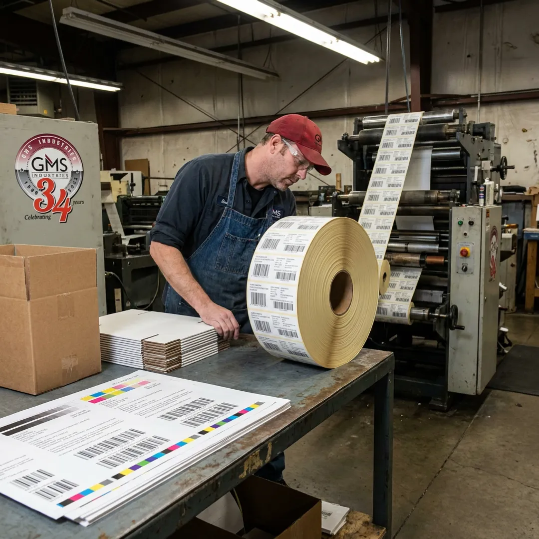 Technician inspecting printed product label rolls