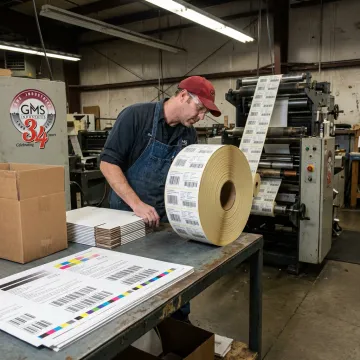 Technician inspecting printed product label rolls
