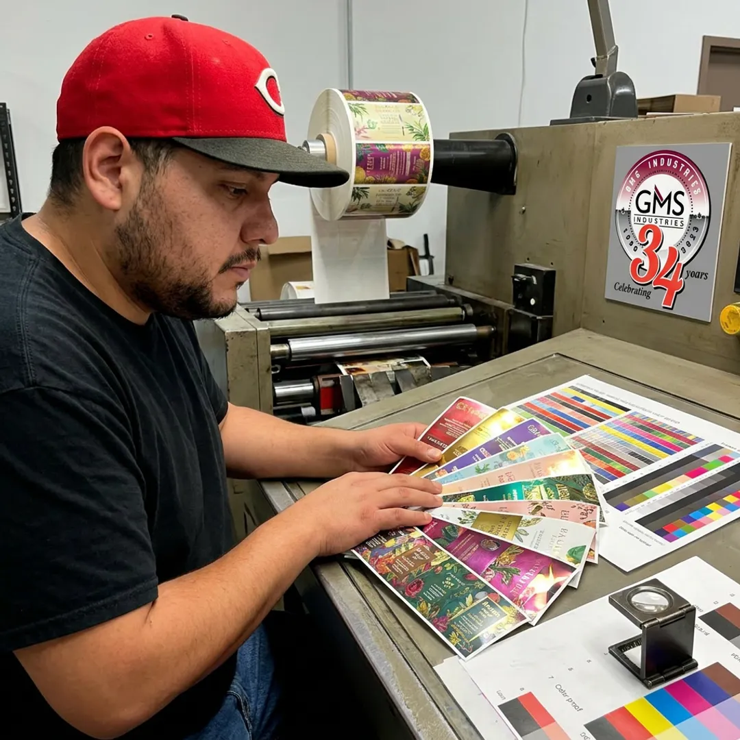 Custom labels being inspected on press