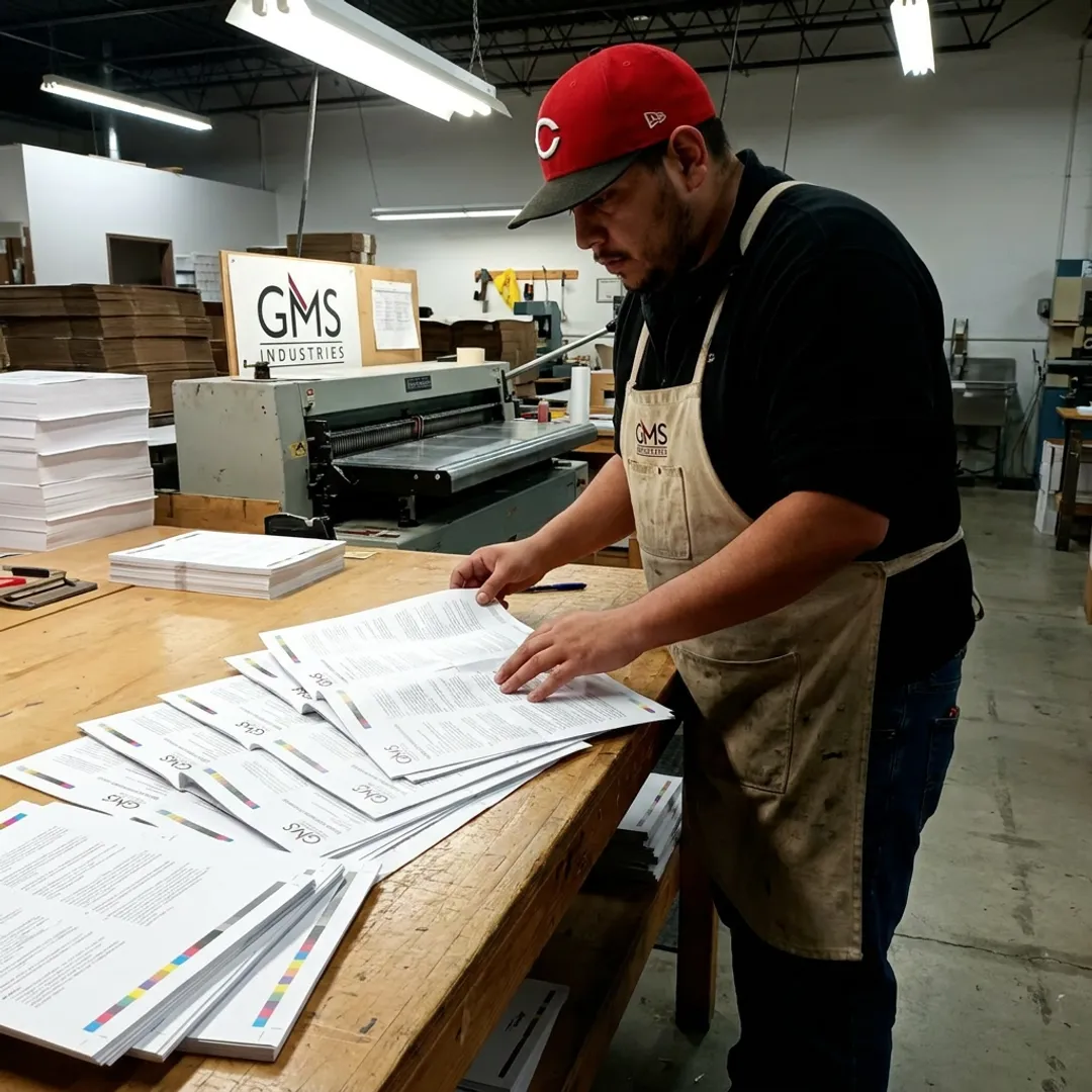 Folded instruction sheets being checked during print finishing