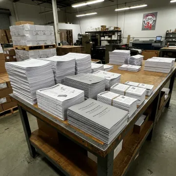 Folded instruction sheets and product guides on a print production table