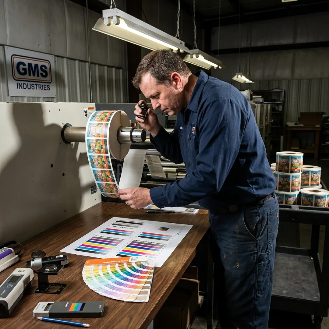 Technician reviewing printed beverage label rolls