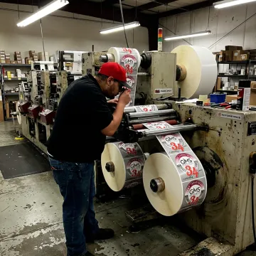 Printed roll labels being inspected and rewound