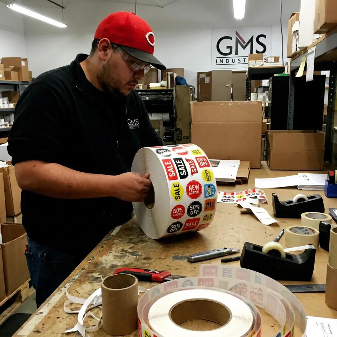 Technician inspecting printed retail label rolls
