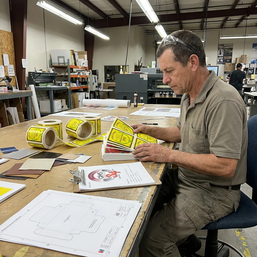 Technician reviewing custom die cut label proofs