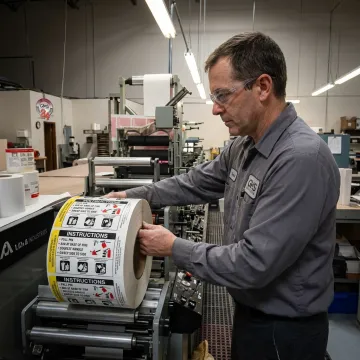 Technician inspecting printed vinyl instruction labels on production rolls