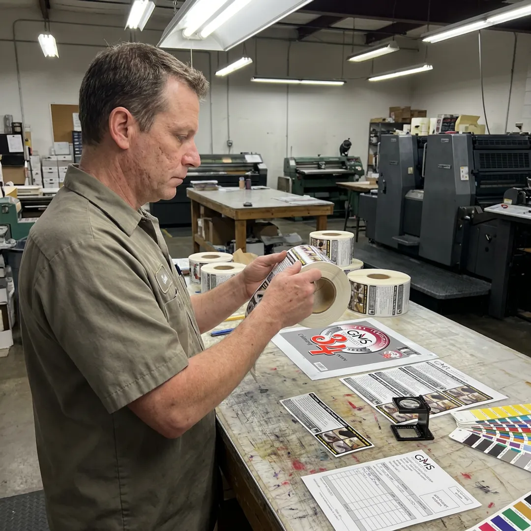 Technician reviewing rolls of apparel labels