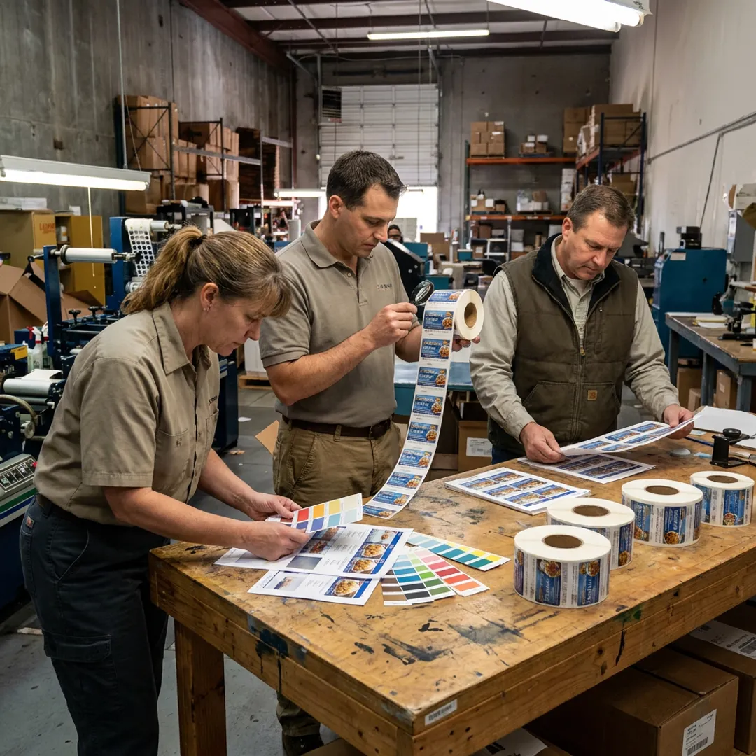 Packaging team reviewing frozen food label proofs