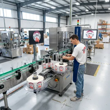Roll labels being prepared for wraparound label application