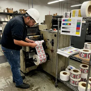 Technician inspecting custom product labels on press