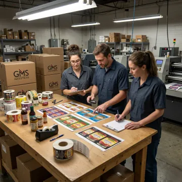 Custom bottle labels being reviewed before printing