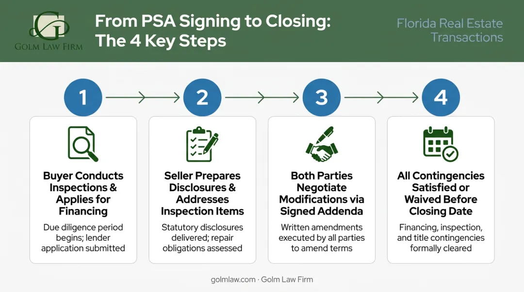 Four-step PSA signing to closing process flow for real estate transactions