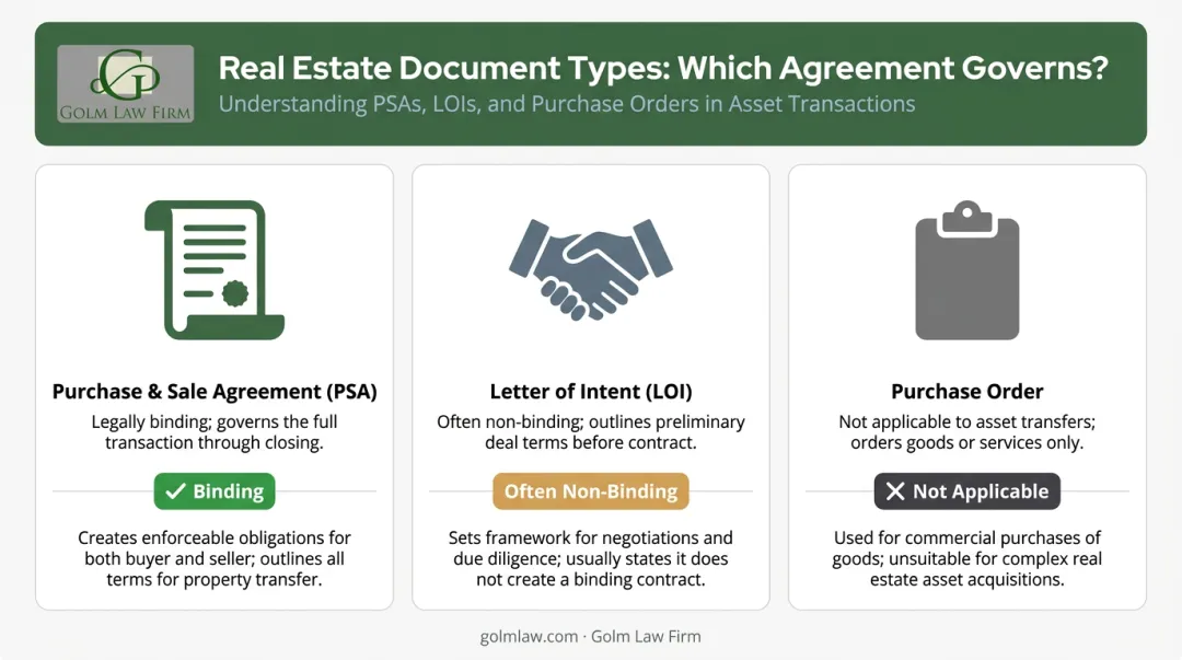 PSA versus letter of intent versus purchase order comparison table infographic