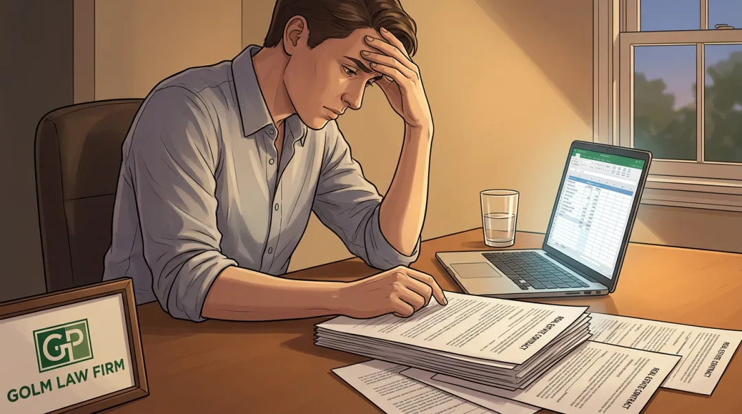 Stressed homebuyer reviewing complex real estate contract without legal guidance