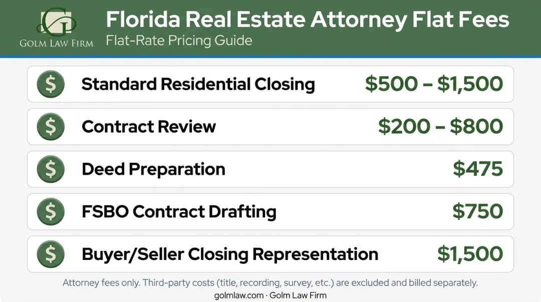 Florida real estate attorney flat fee ranges by service type comparison chart
