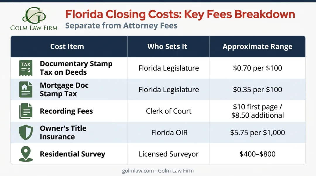 Florida real estate closing costs breakdown table with statutory fees and approximate ranges