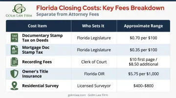 Florida real estate closing costs breakdown table with statutory fees and approximate ranges