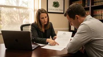 Florida real estate attorney reviewing property documents and title with client at desk