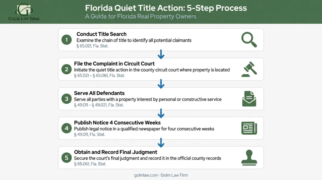 5-step Florida quiet title action process from title search to recorded judgment