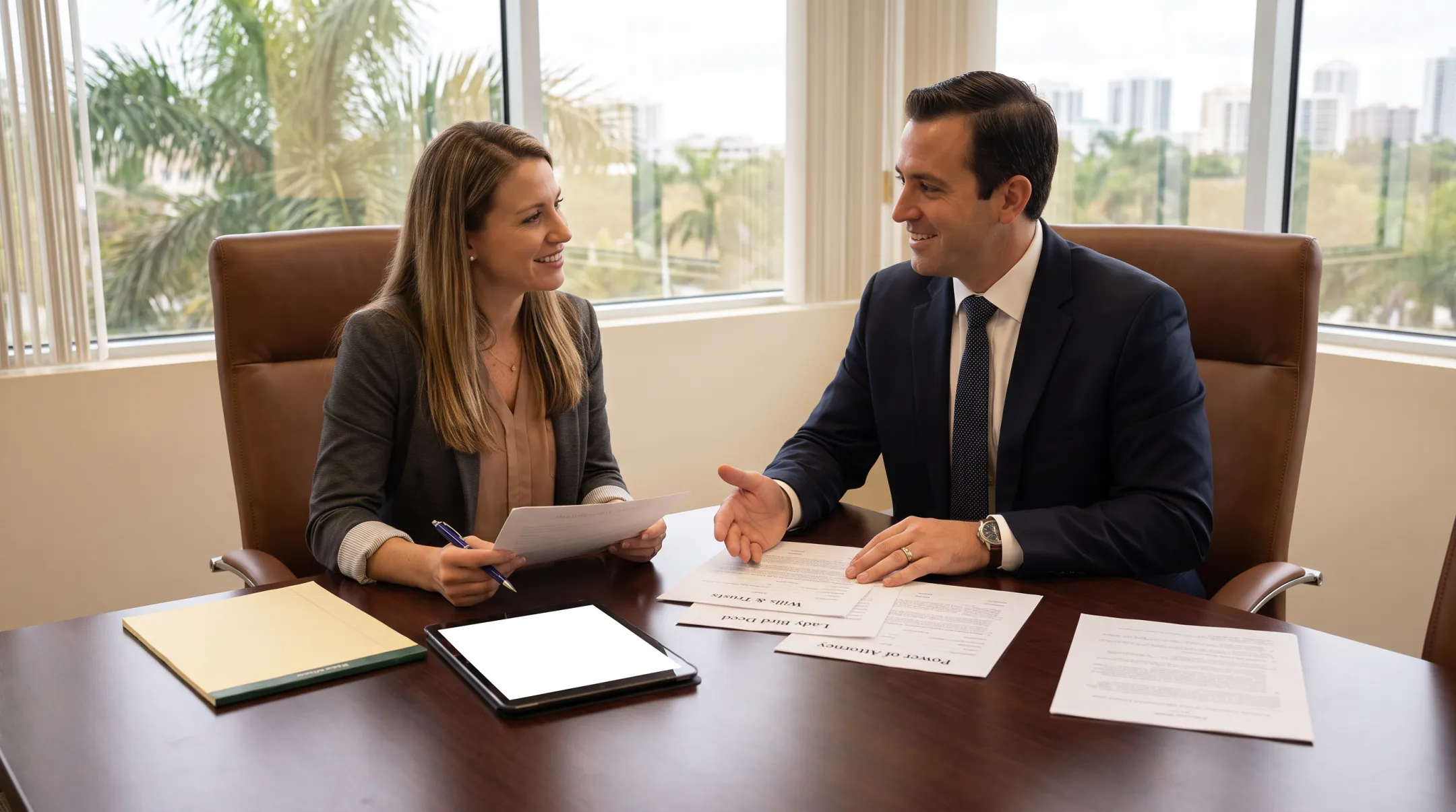 Florida estate planning attorney consulting client about wills and trusts