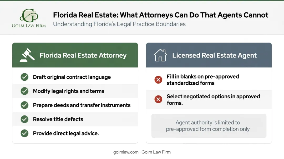 Florida real estate attorney versus licensed agent legal authority comparison infographic