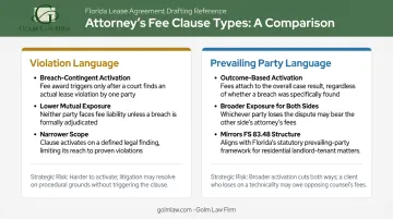 Violation language versus prevailing party lease clause comparison and fee trigger differences