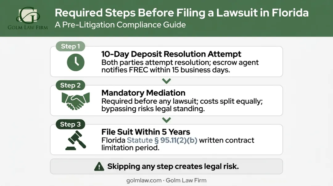 Three mandatory pre-lawsuit steps Florida real estate breach of contract dispute resolution