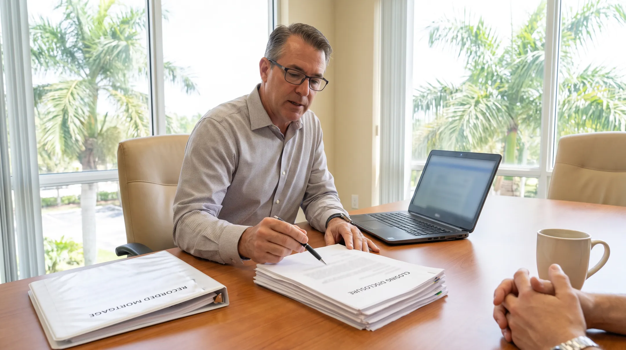 Florida title attorney reviewing mortgage documents during wet closing