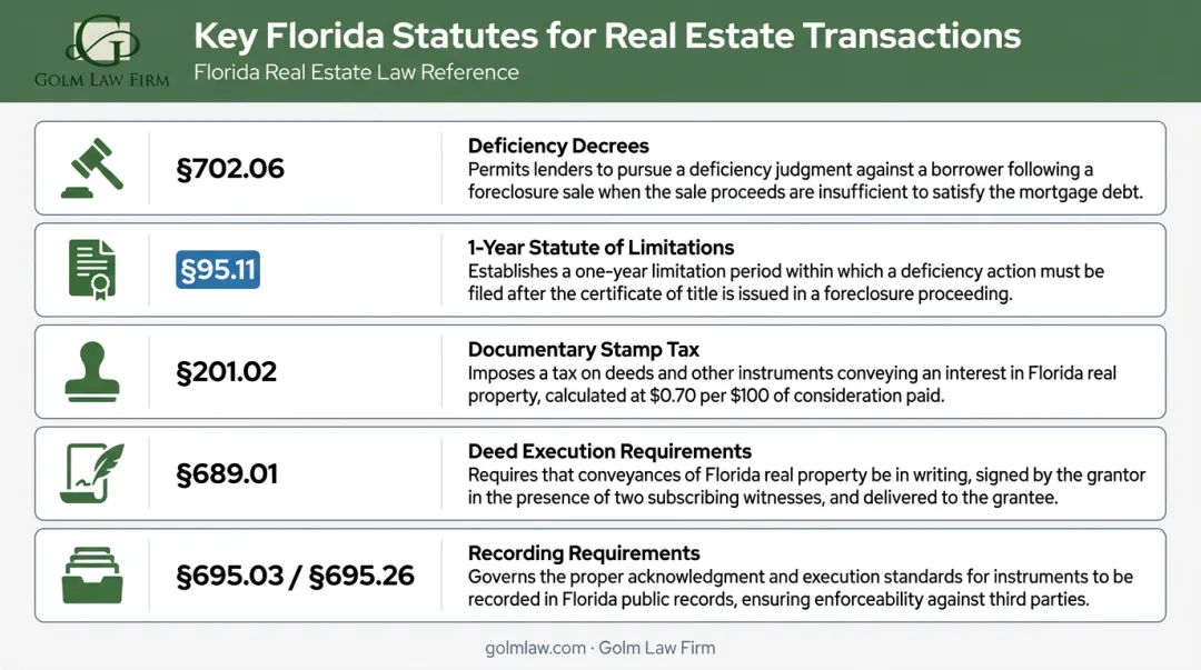 Key Florida statutes governing deed in lieu of foreclosure agreements reference chart