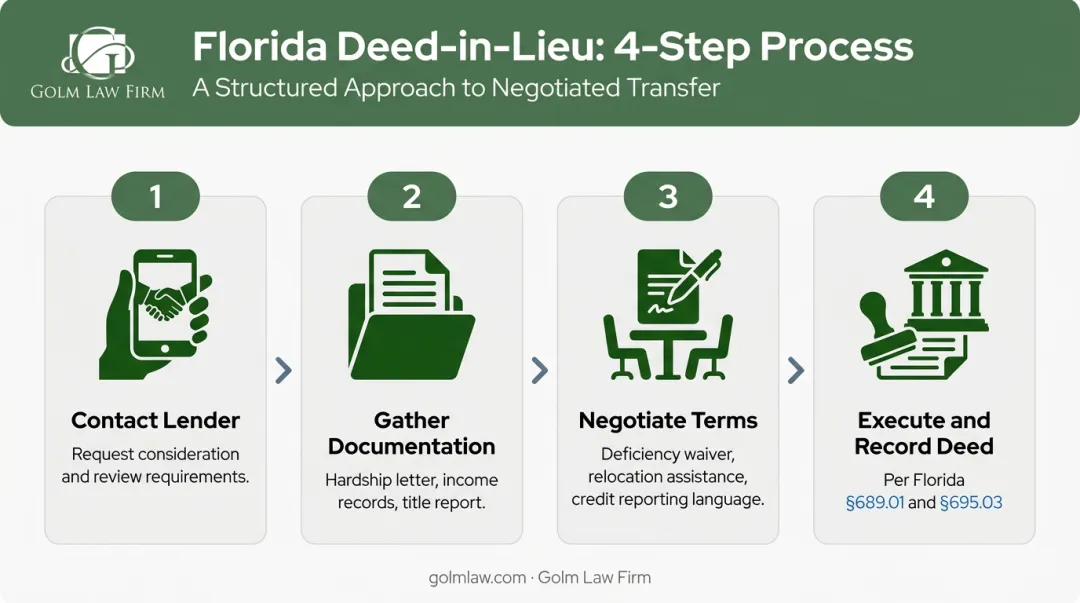 Four-step Florida deed in lieu of foreclosure process flow from lender contact to recording