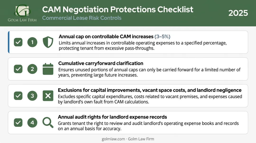 Commercial lease CAM charge negotiation checklist with four tenant protections to secure