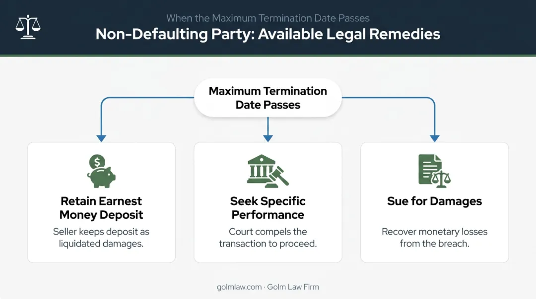 Three legal remedy options for non-defaulting party after missed termination date