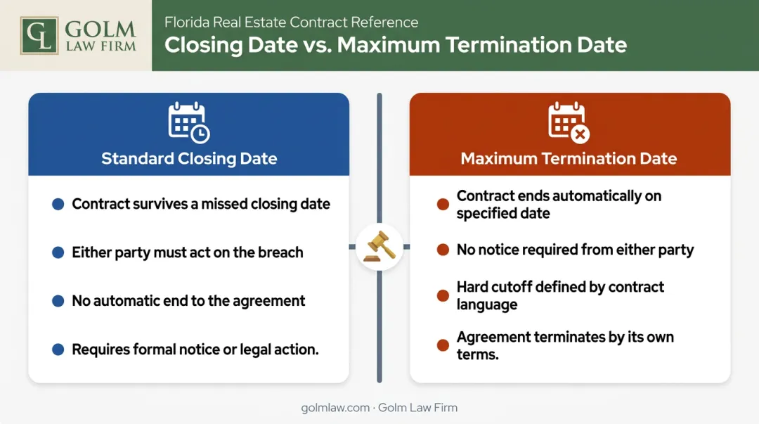 Standard closing date versus maximum termination date side-by-side comparison infographic