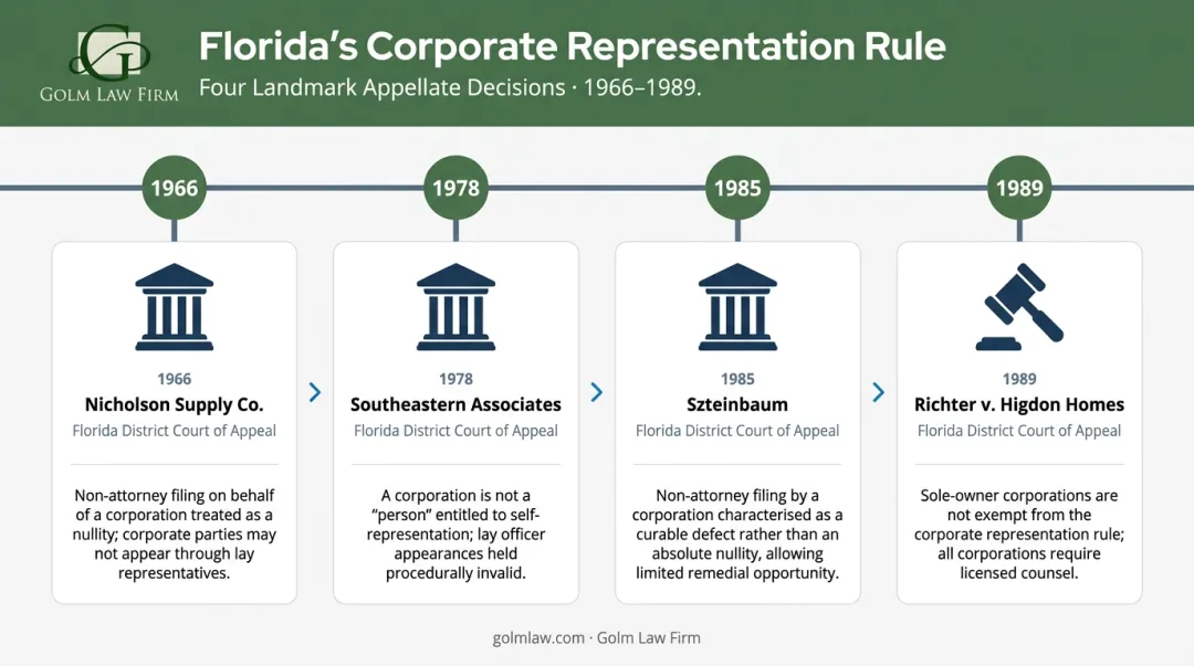 Four key Florida appellate cases establishing corporate attorney representation rule timeline
