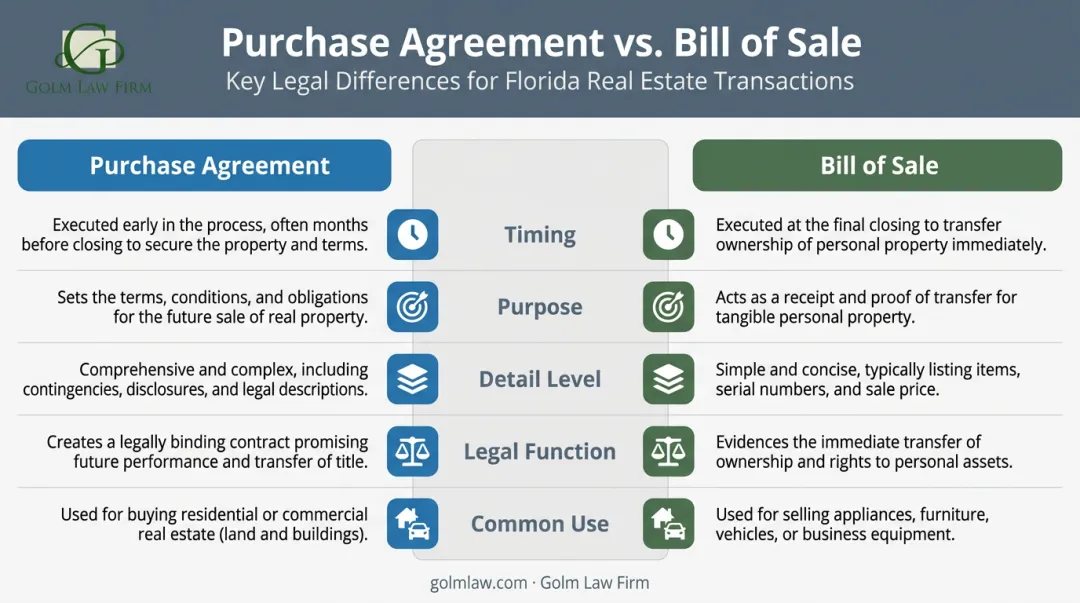 Bill of sale versus purchase agreement side-by-side legal comparison chart