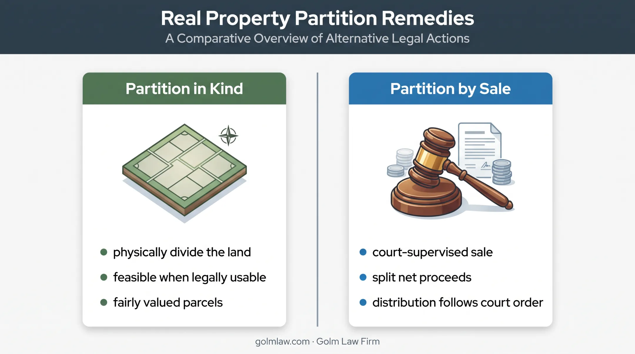 Two Florida property partition remedies comparison infographic