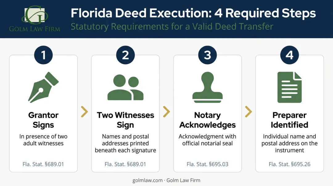 Florida deed execution requirements four-step signing and notarization process flow