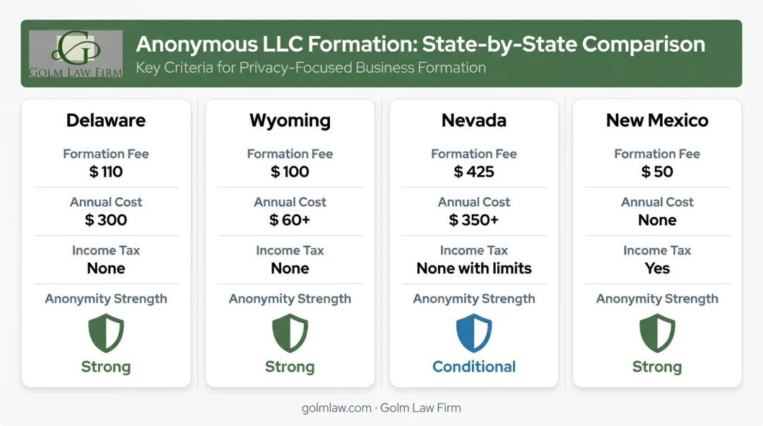 Four-state anonymous LLC comparison chart with fees taxes and anonymity strength