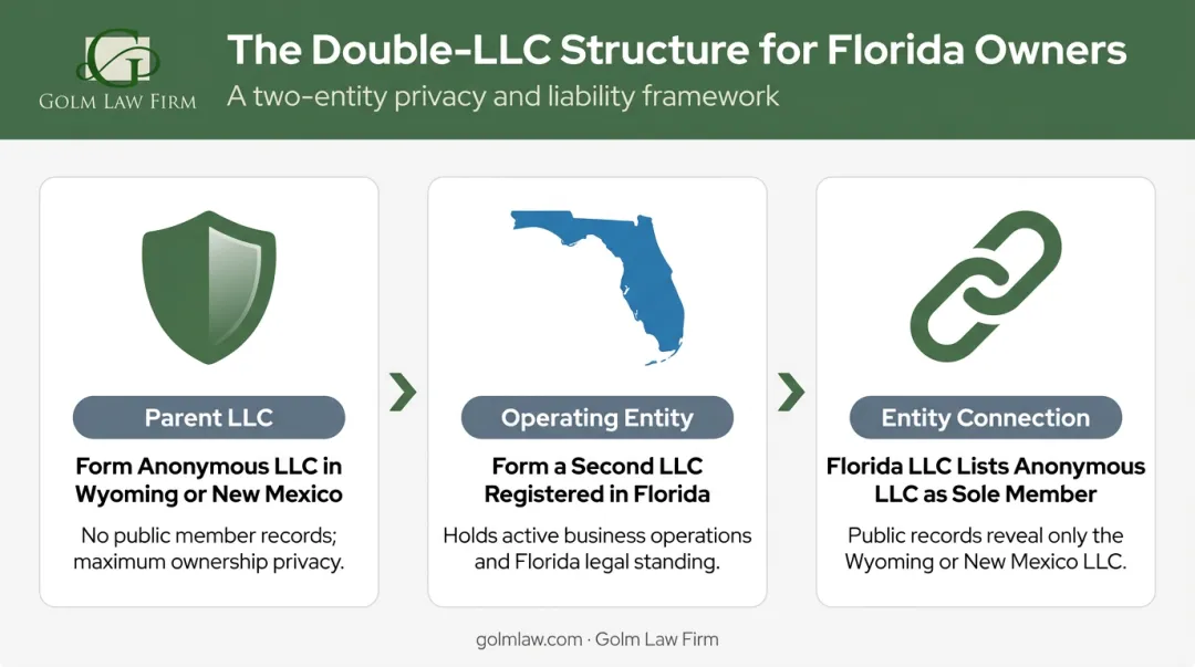 Double LLC structure three-step process for Florida business owners privacy infographic