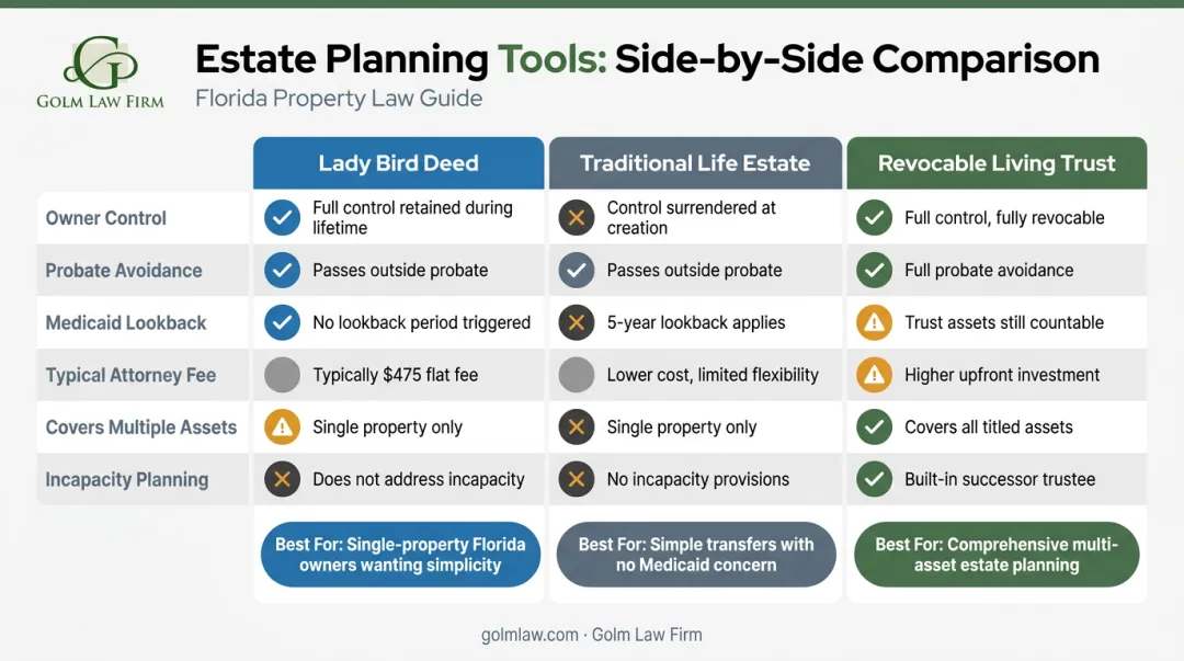 Lady Bird deed versus traditional life estate versus living trust comparison chart