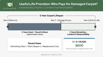 Carpet useful life proration calculation example showing landlord deduction formula