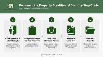 5-step Florida landlord move-in and move-out documentation process flow infographic