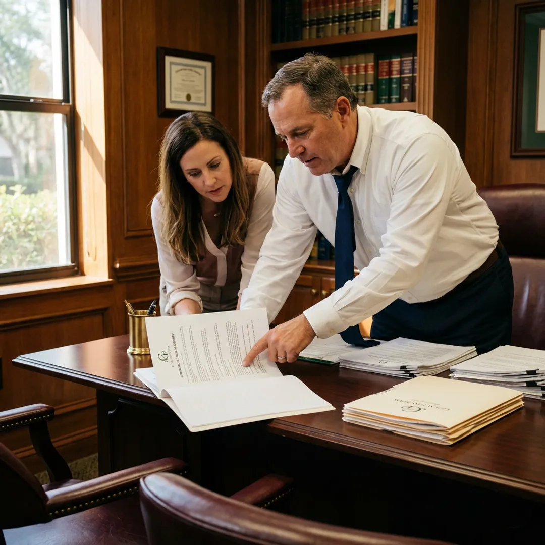 Attorney reviewing lease documents with client