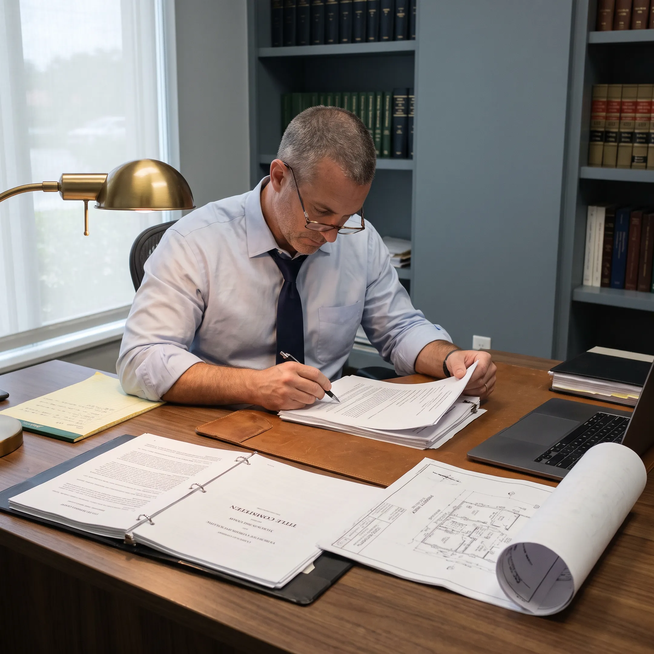 Attorney reviewing commercial property title documents in Florida