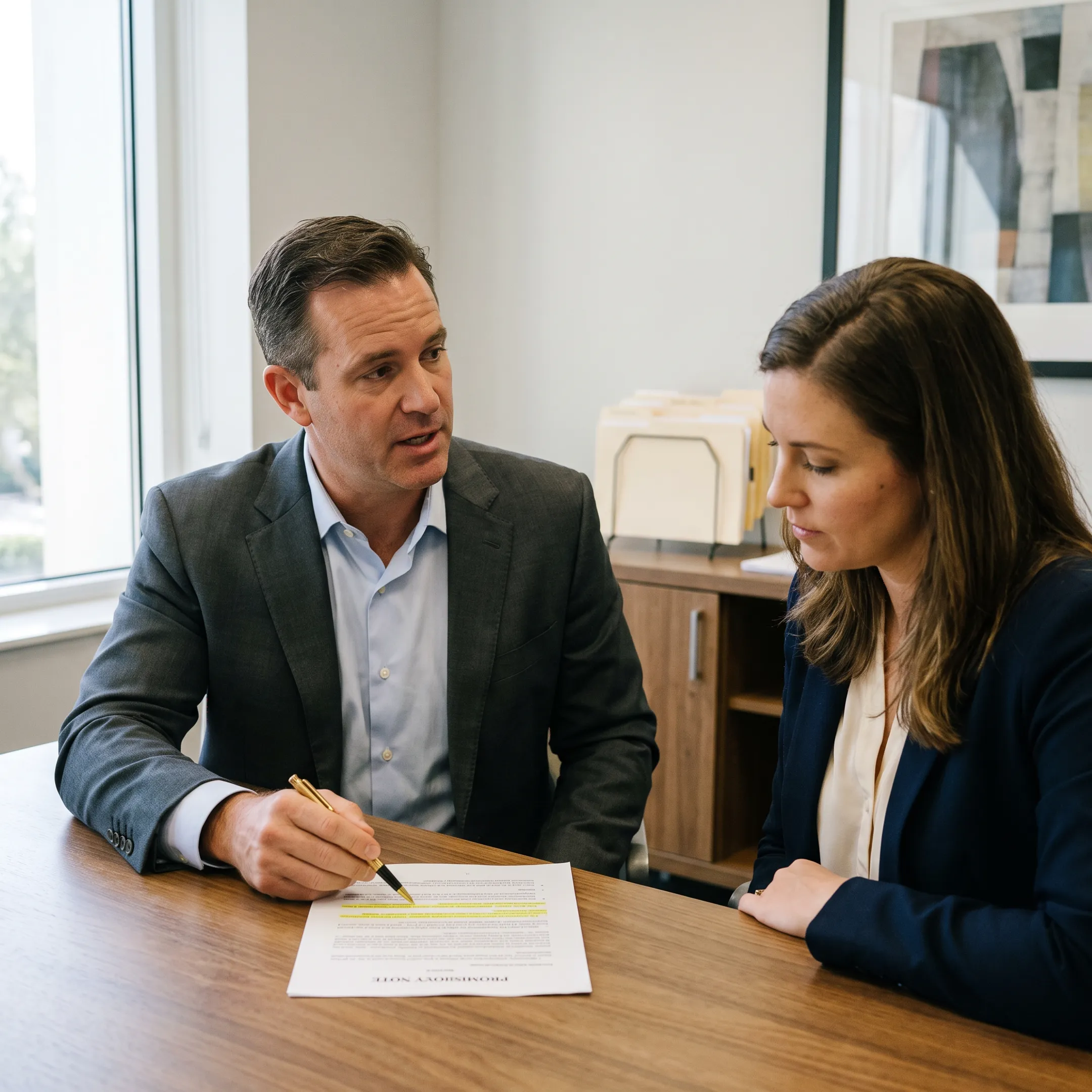 Florida attorney explaining interest-only promissory note terms to property investor