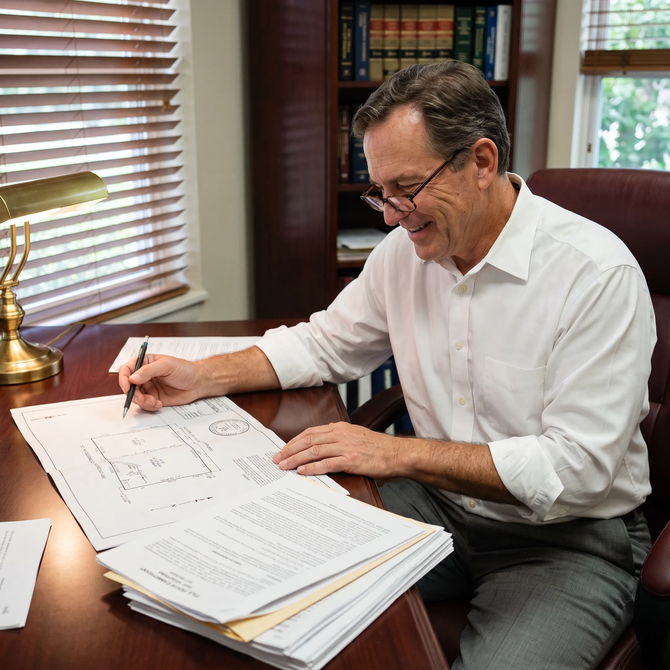 Attorney examining a Florida property survey and legal title documents