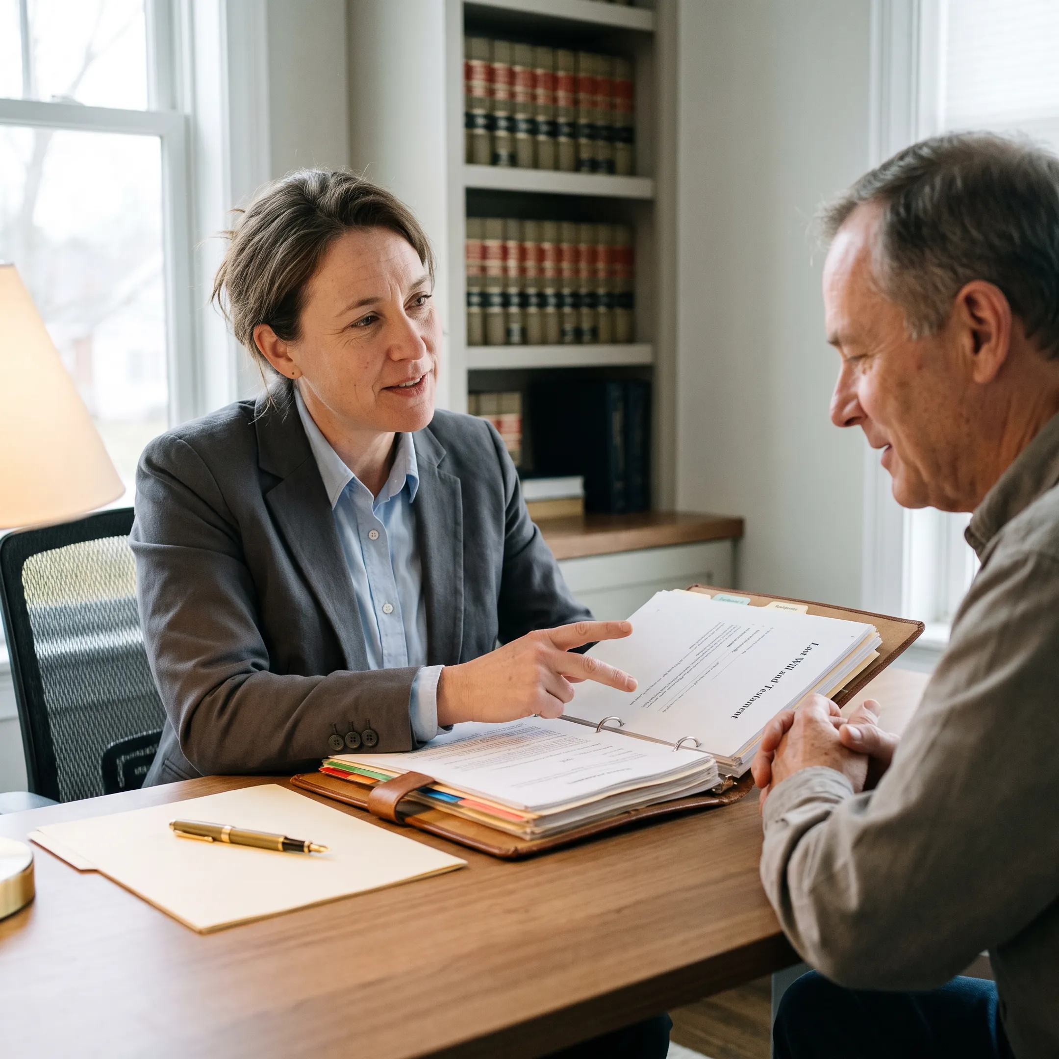 Attorney explaining estate planning options beside organized legal documents