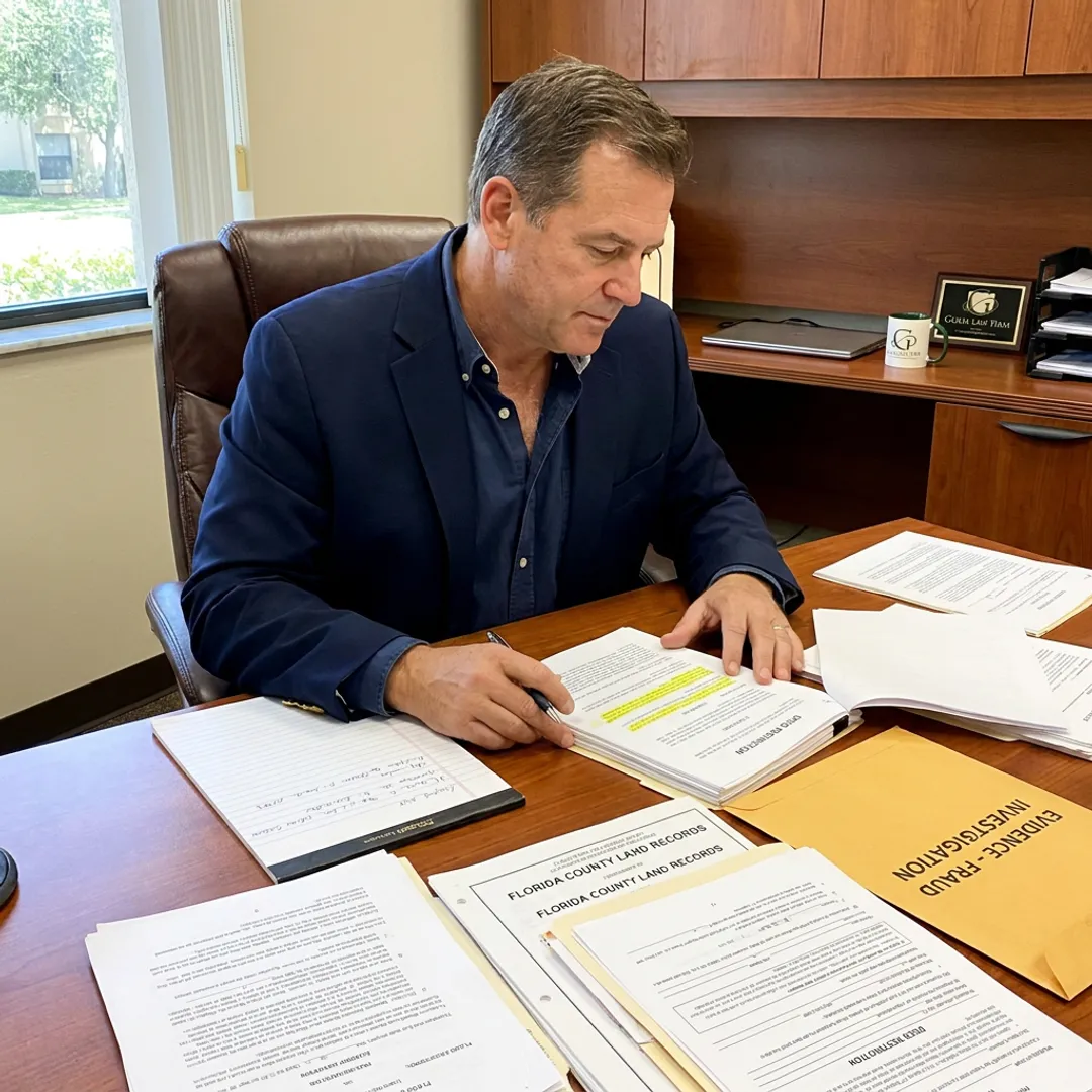 Attorney reviewing real estate fraud documents