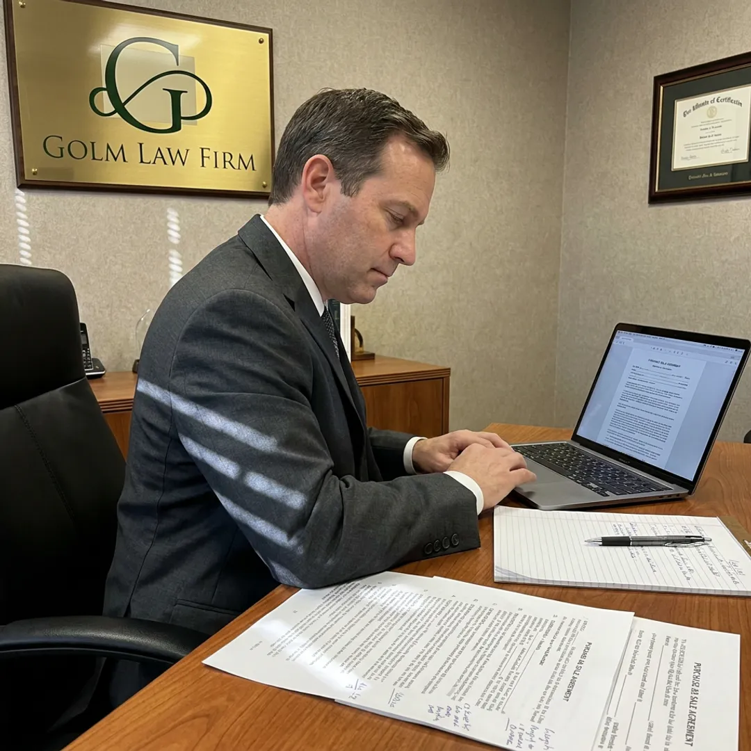 Attorney reviewing purchase and sale agreement documents